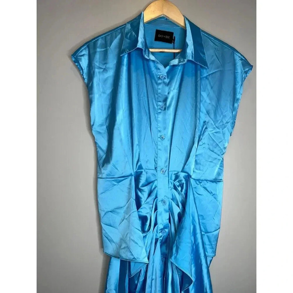 NEW DO + BE Blue satin collar dress tie front ruched mini party size MEDIUM - Picture 7 of 10
